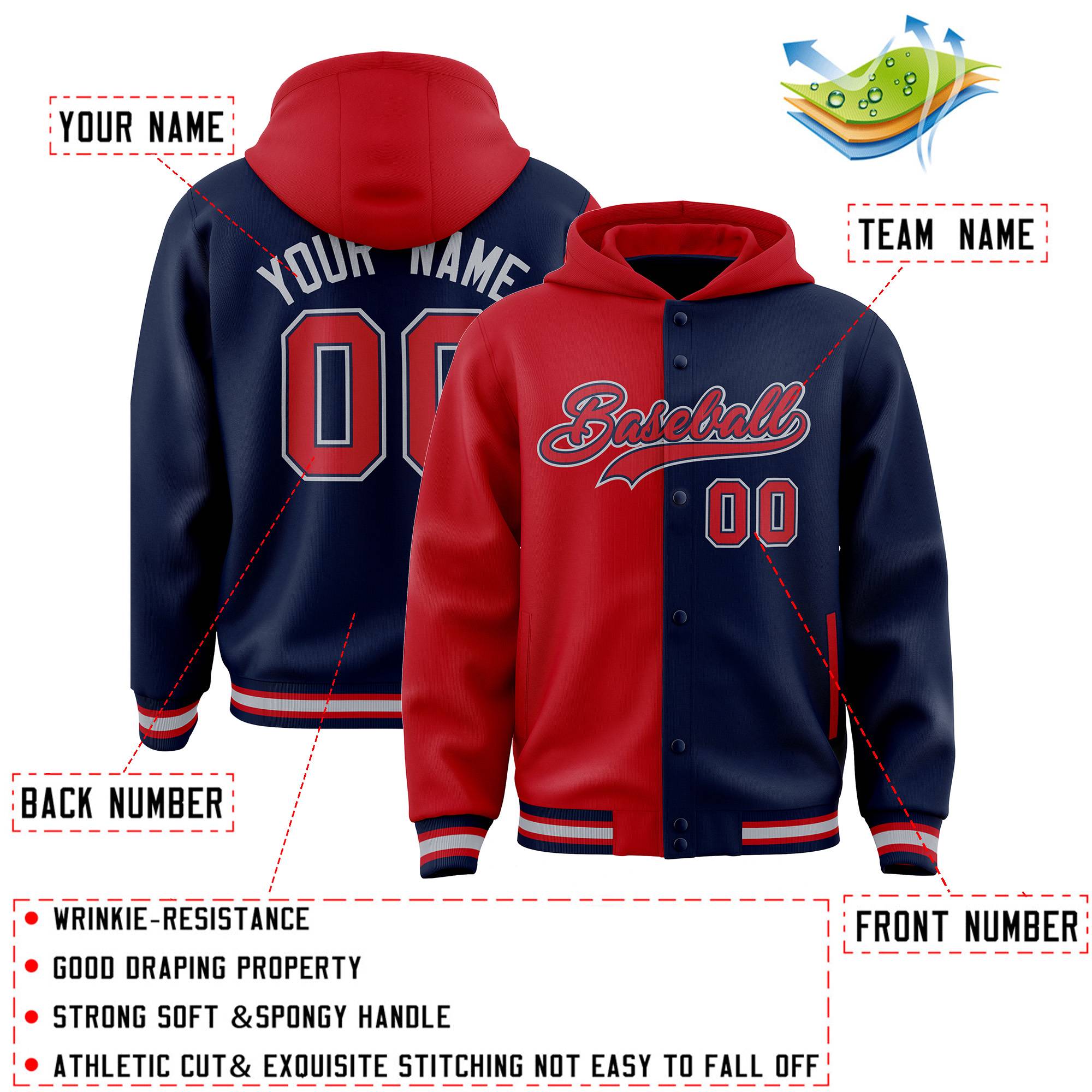 Custom Red Navy Split Fashion Varsity Full-Snap Letterman Two Tone Hoodie Jacket