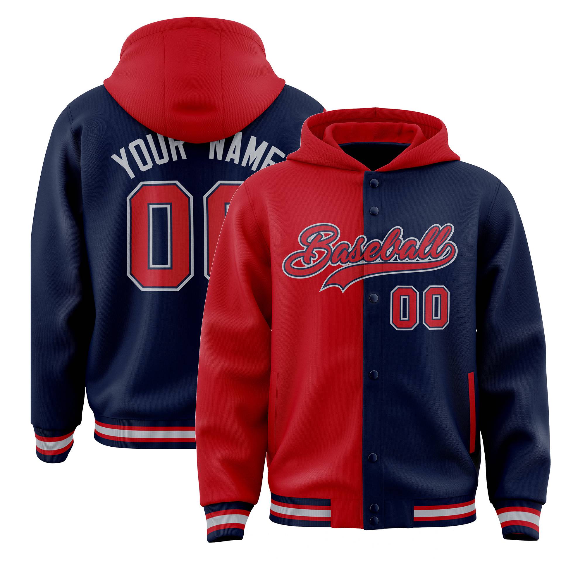 Custom Red Navy Split Fashion Varsity Full-Snap Letterman Two Tone Hoodie Jacket