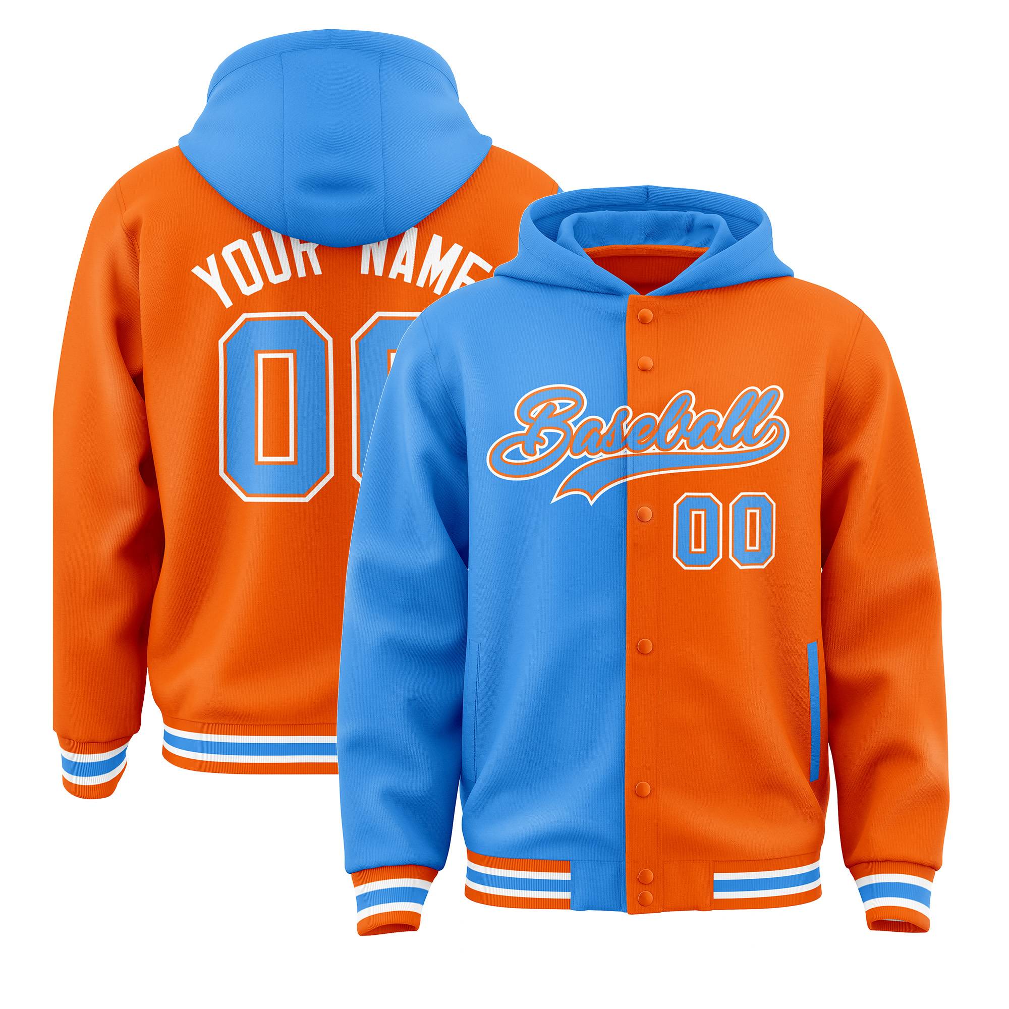 Custom Powder Blue Orange Split Fashion Varsity Full-Snap Letterman Two Tone Hoodie Jacket