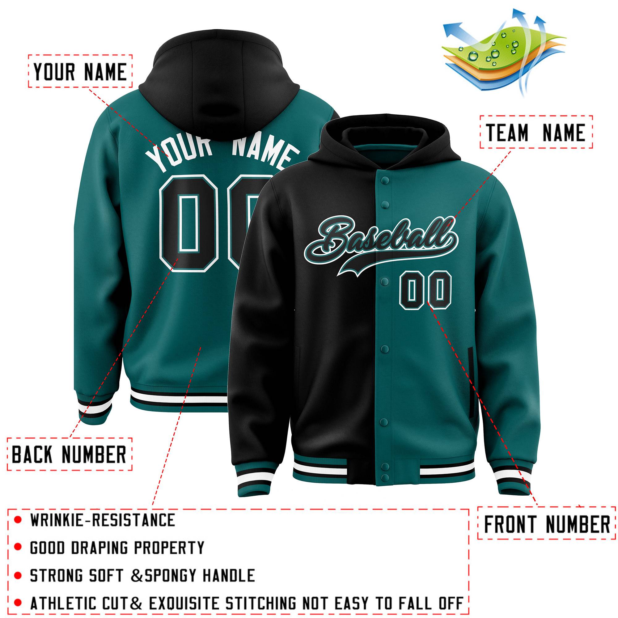 Custom Black Aqua Split Fashion Varsity Full-Snap Letterman Two Tone Hoodie Jacket