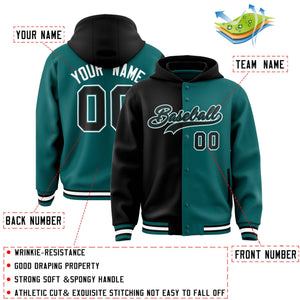 Custom Black Aqua Split Fashion Varsity Full-Snap Letterman Two Tone Hoodie Jacket