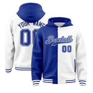 Custom Royal White Split Fashion Varsity Full-Snap Letterman Two Tone Hoodie Jacket