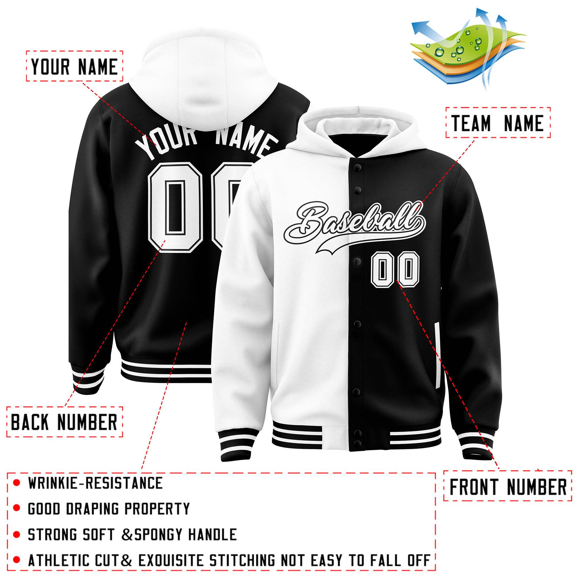 Custom White Black Split Fashion Varsity Full-Snap Letterman Two Tone Hoodie Jacket