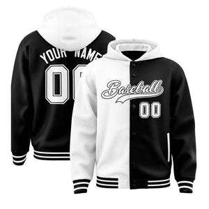 Custom White Black Split Fashion Varsity Full-Snap Letterman Two Tone Hoodie Jacket