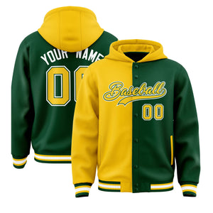 Custom Gold Green Split Fashion Varsity Full-Snap Letterman Two Tone Hoodie Jacket