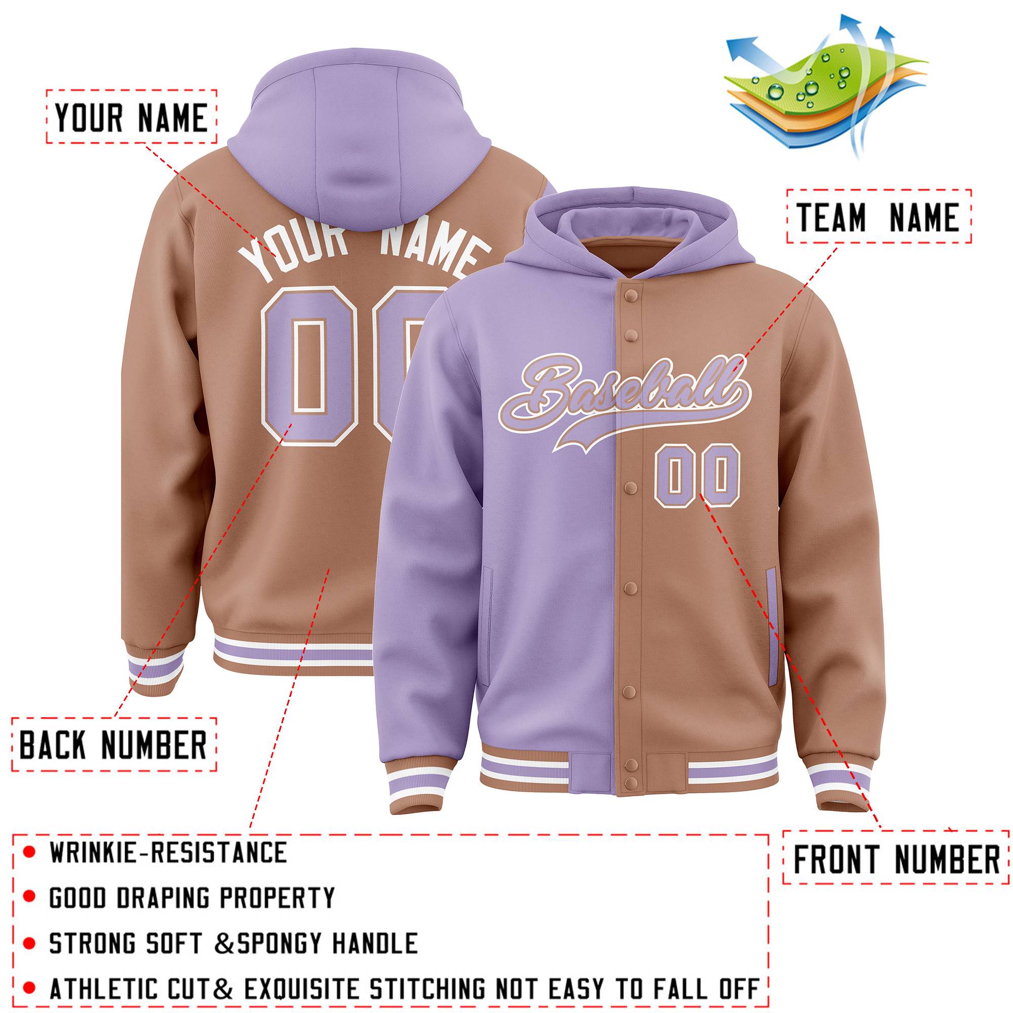 Custom Light Purple Light Brown Split Fashion Varsity Full-Snap Letterman Two Tone Hoodie Jacket