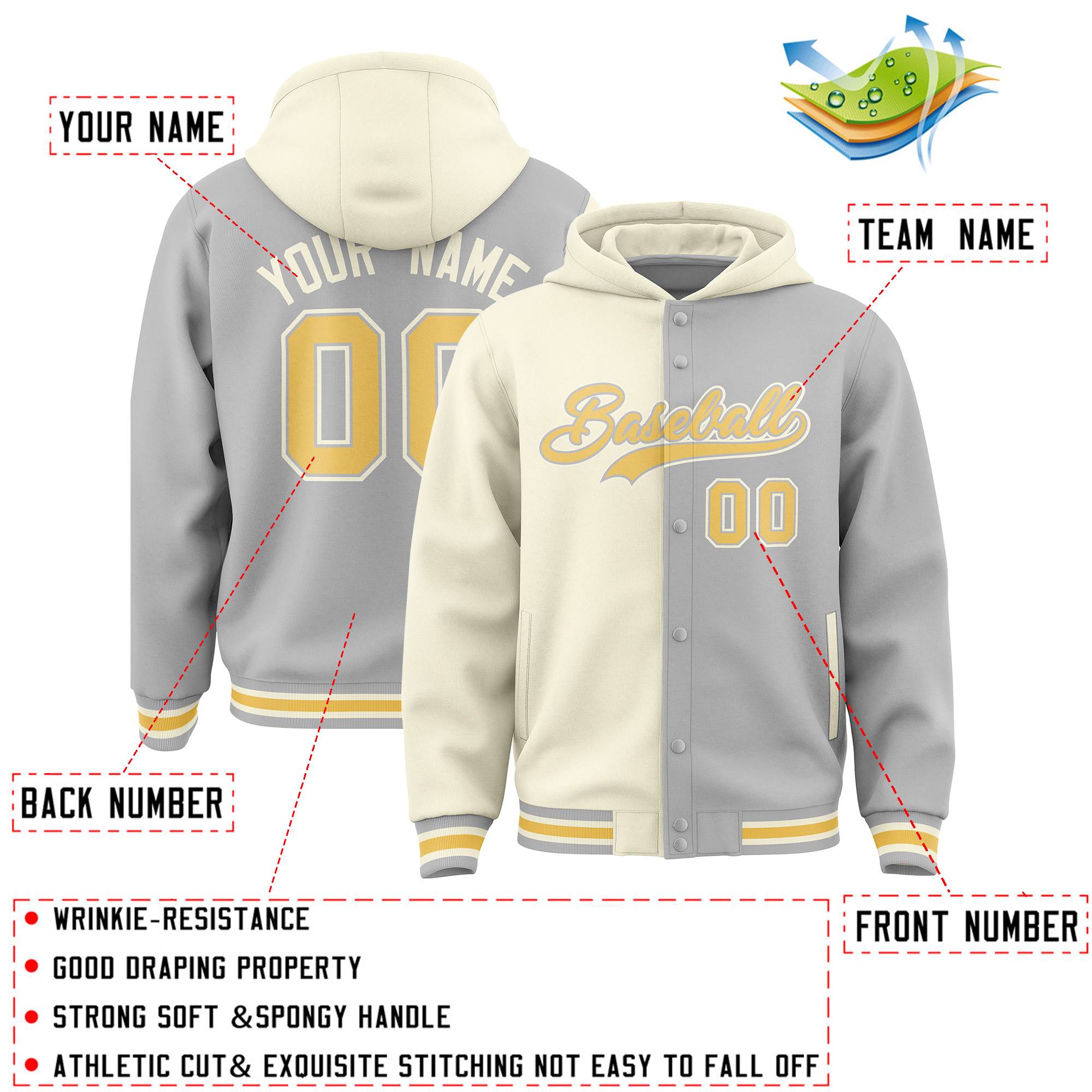 Custom Cream Gray Split Fashion Varsity Full-Snap Letterman Two Tone Hoodie Jacket