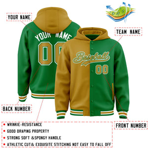 Custom Old Gold Kelly Green Split Fashion Varsity Full-Snap Letterman Two Tone Hoodie Jacket