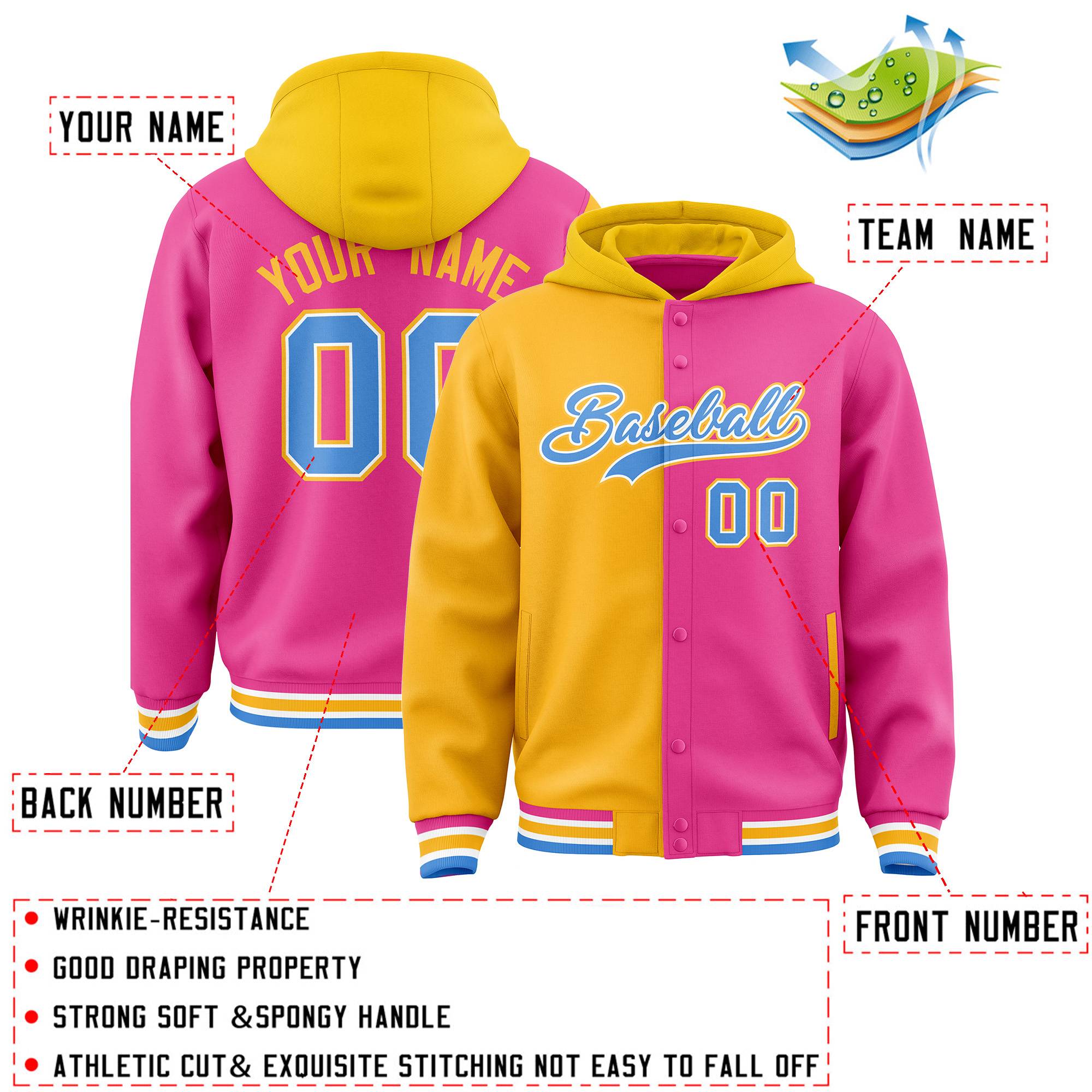 Custom Gold Pink Split Fashion Varsity Full-Snap Letterman Two Tone Hoodie Jacket