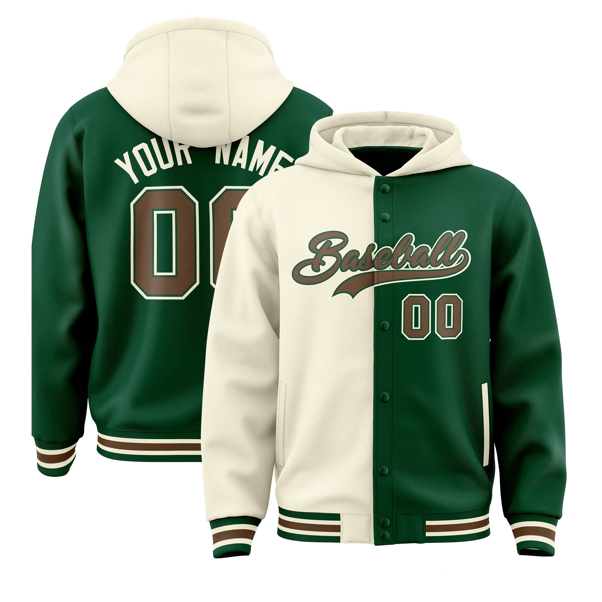 Custom Cream Green Split Fashion Varsity Full-Snap Letterman Two Tone Hoodie Jacket