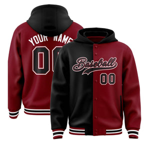 Custom Black Crimson Split Fashion Varsity Full-Snap Letterman Two Tone Hoodie Jacket