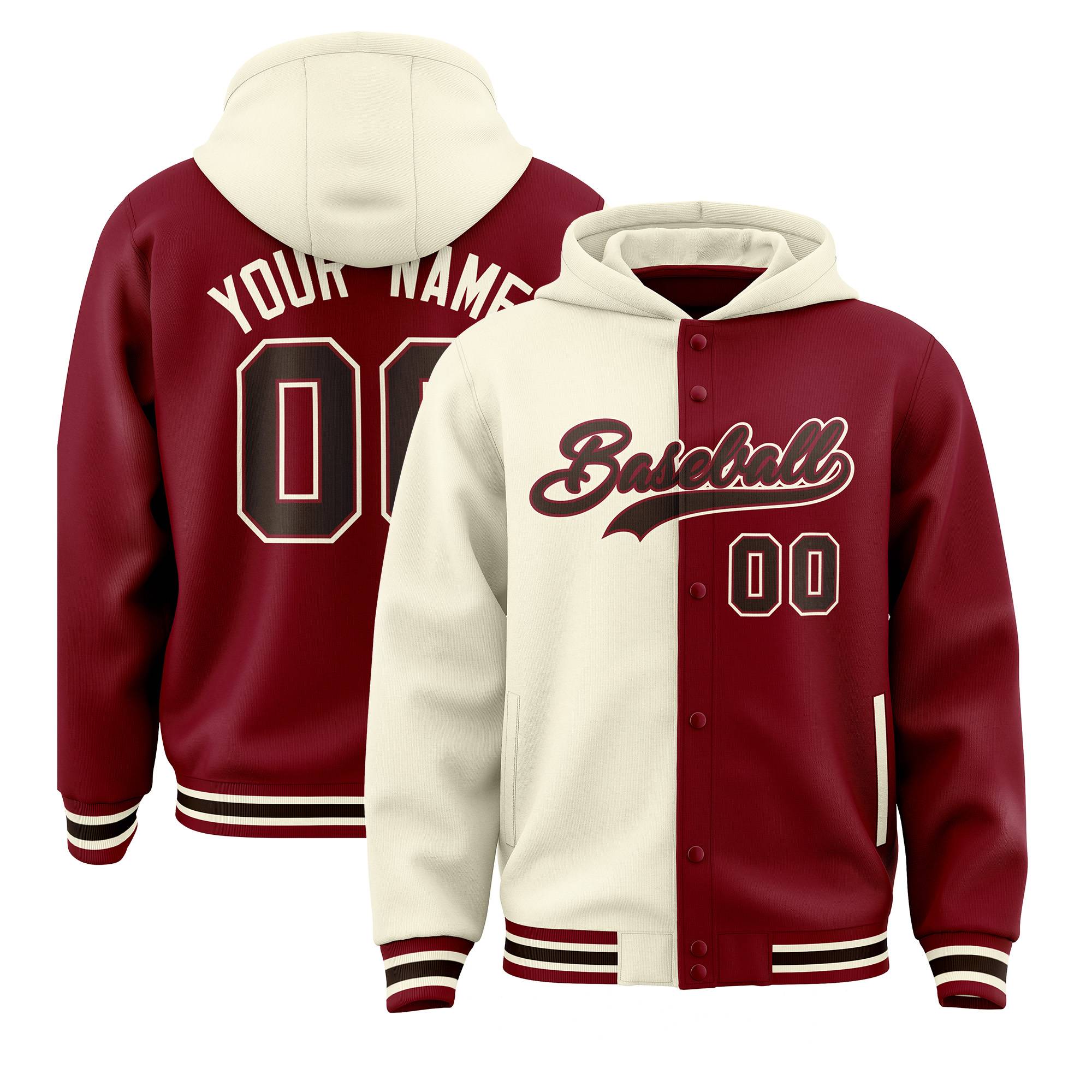 Custom Cream Crimson Split Fashion Varsity Full-Snap Letterman Two Tone Hoodie Jacket