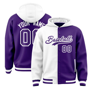 Custom White Purple Split Fashion Varsity Full-Snap Letterman Two Tone Hoodie Jacket