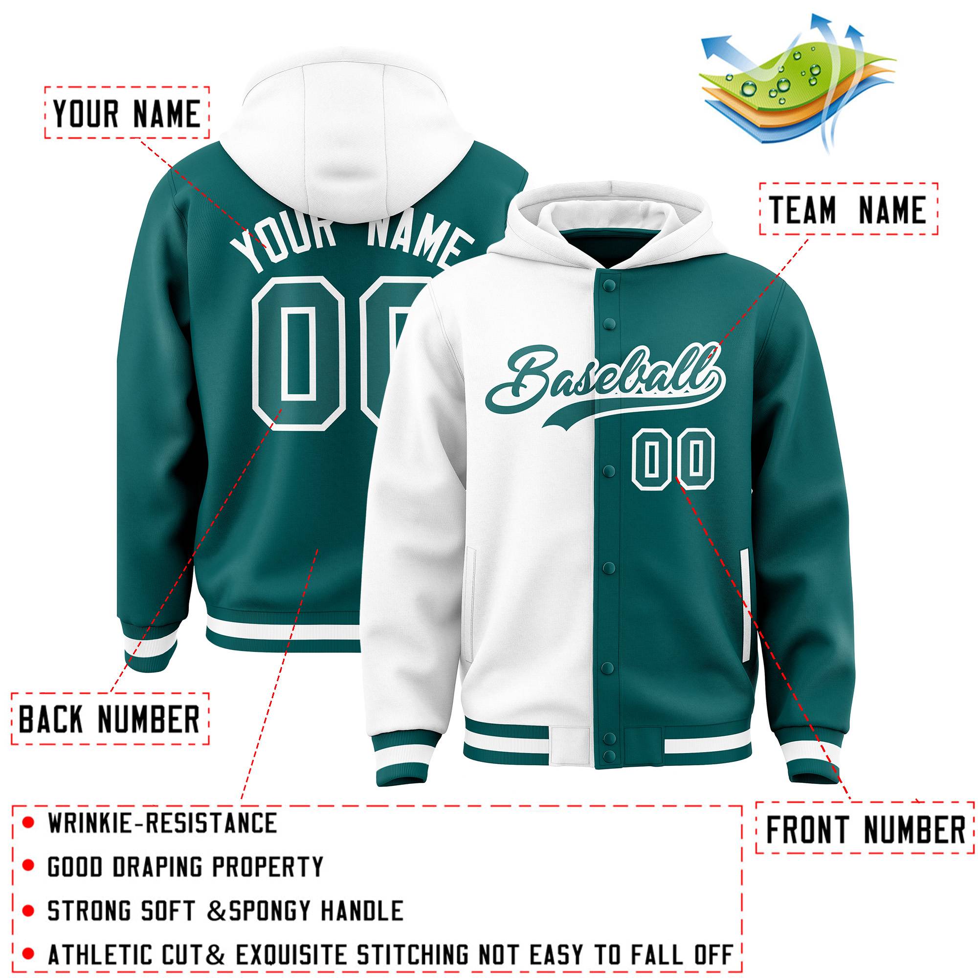 Custom White Aqua Split Fashion Varsity Full-Snap Letterman Two Tone Hoodie Jacket