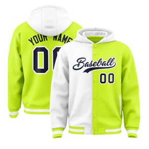 Custom White Neon Green Split Fashion Varsity Full-Snap Letterman Two Tone Hoodie Jacket