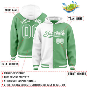 Custom White Green Split Fashion Varsity Full-Snap Letterman Two Tone Hoodie Jacket