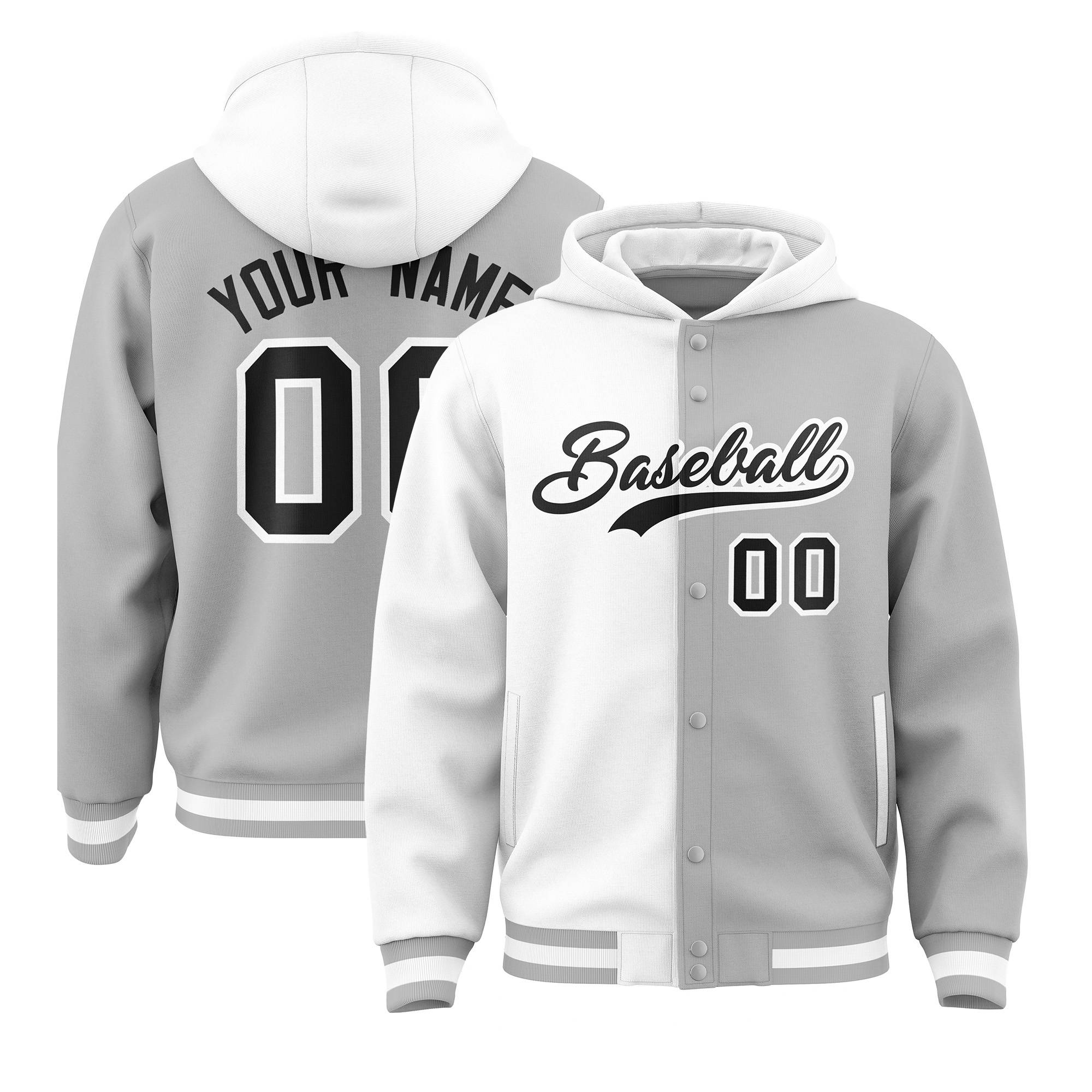 Custom White Gray Split Fashion Varsity Full-Snap Letterman Two Tone Hoodie Jacket