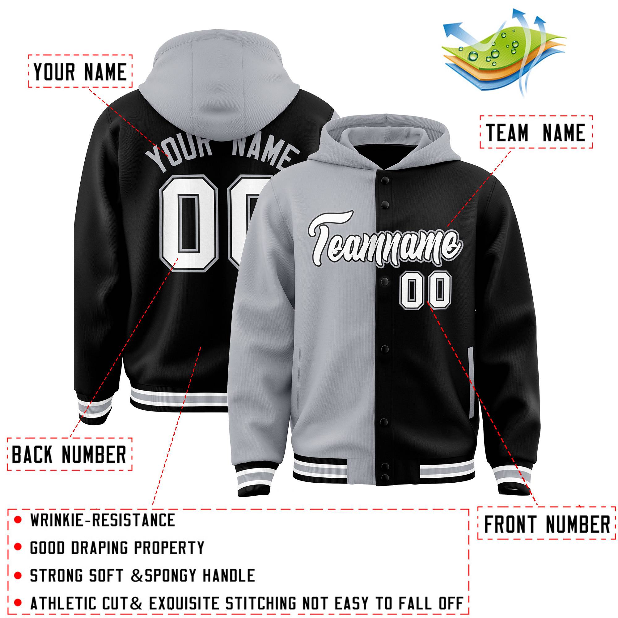 Custom Gray Black Split Fashion Varsity Full-Snap Letterman Two Tone Hoodie Jacket