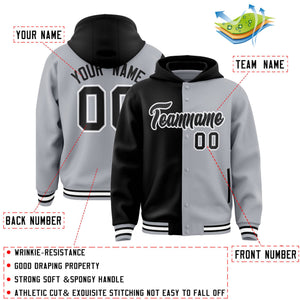 Custom Black Gray Split Fashion Varsity Full-Snap Letterman Two Tone Hoodie Jacket