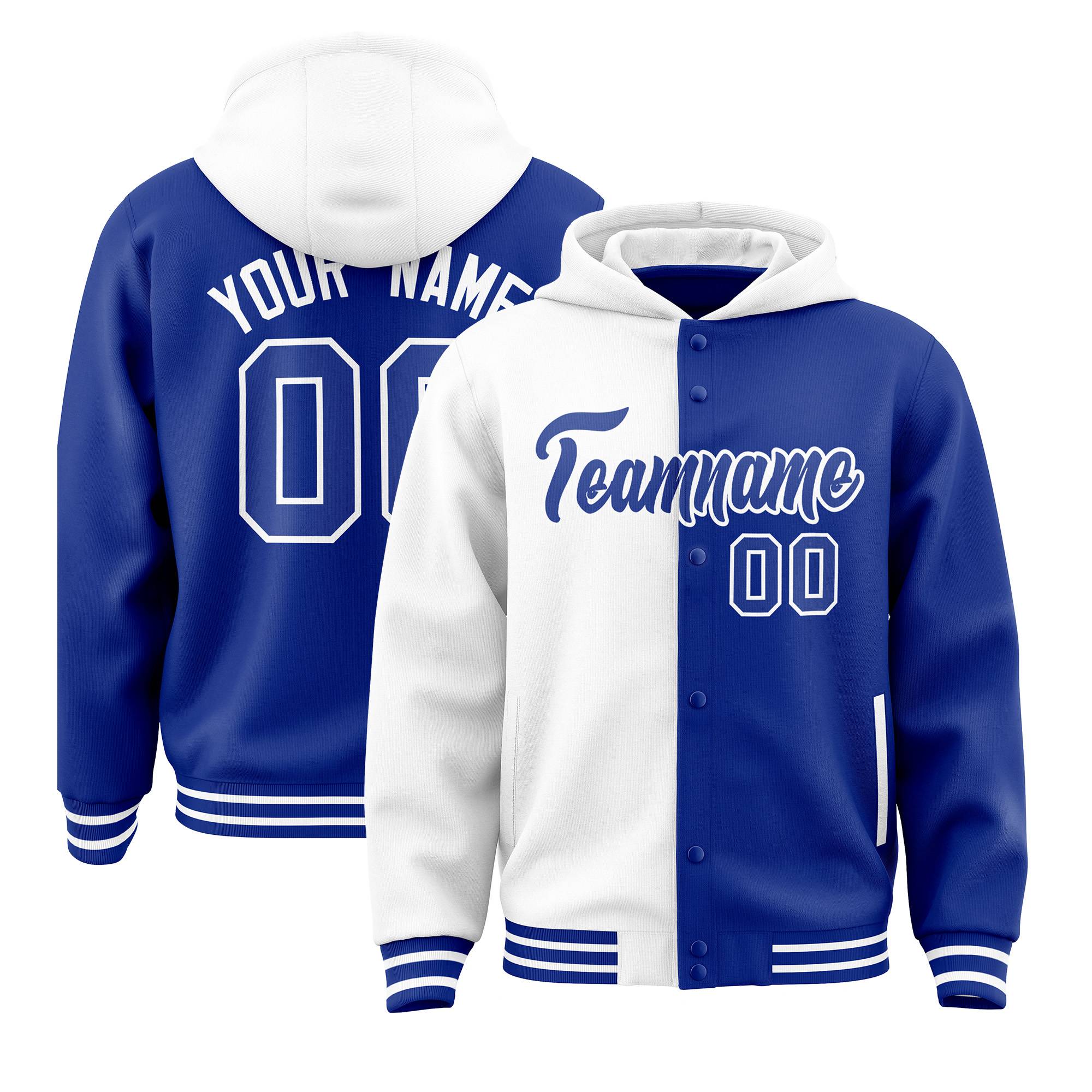 Custom White Royal Split Fashion Varsity Full-Snap Letterman Two Tone Hoodie Jacket