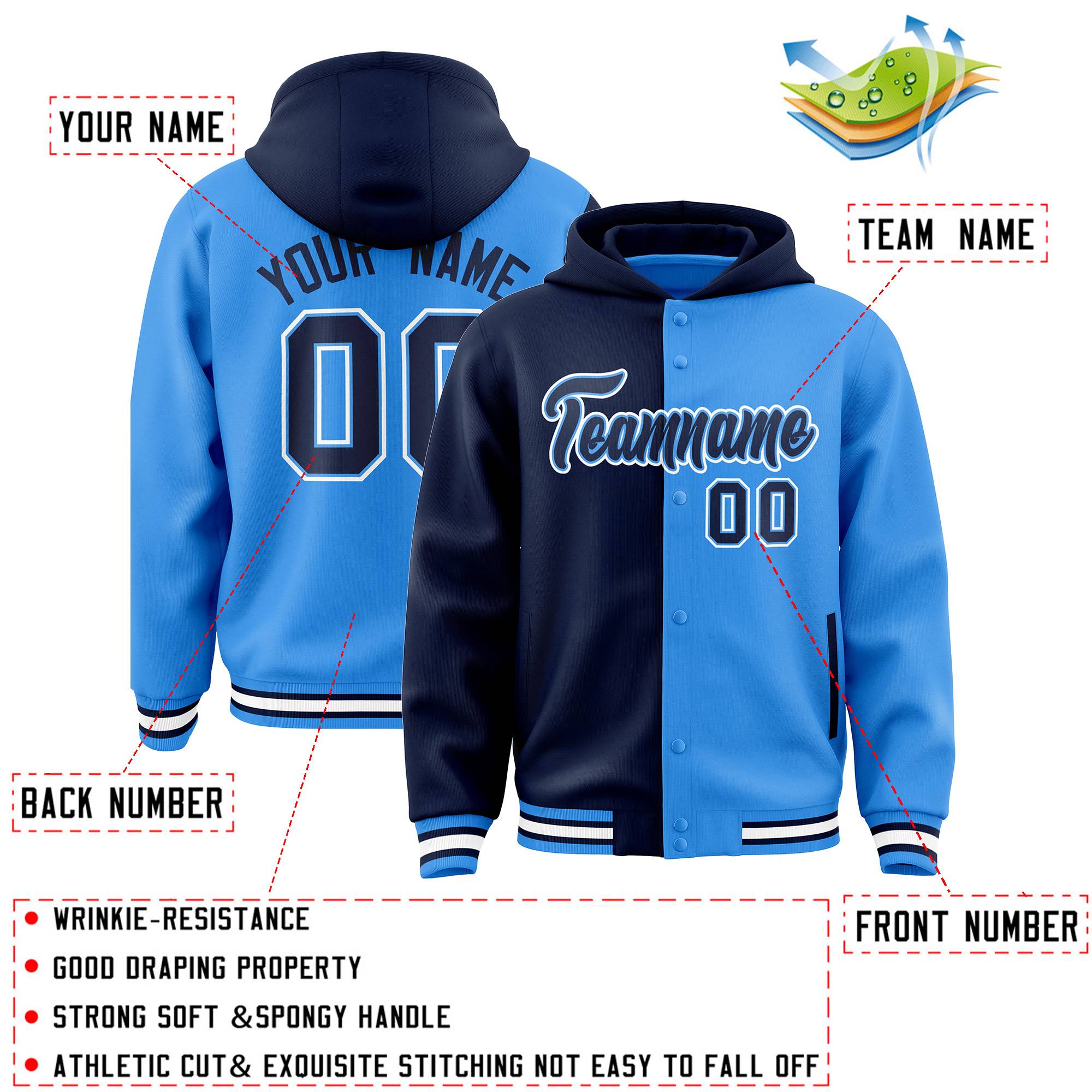 Custom Navy Powder Blue Split Fashion Varsity Full-Snap Letterman Two Tone Hoodie Jacket