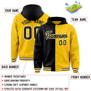 Custom Black Gold Split Fashion Varsity Full-Snap Letterman Two Tone Hoodie Jacket