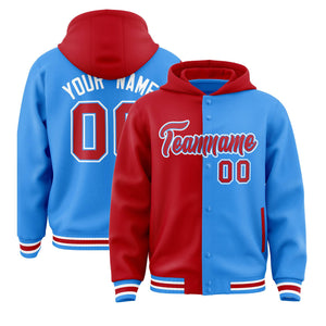 Custom Red Powder Blue Split Fashion Varsity Full-Snap Letterman Two Tone Hoodie Jacket