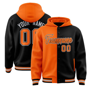 Custom Orange Black Split Fashion Varsity Full-Snap Letterman Two Tone Hoodie Jacket