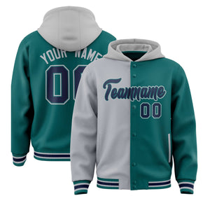 Custom Gray Aqua Split Fashion Varsity Full-Snap Letterman Two Tone Hoodie Jacket