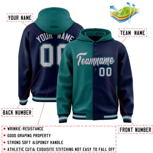 Custom Aqua Navy Split Fashion Varsity Full-Snap Letterman Two Tone Hoodie Jacket