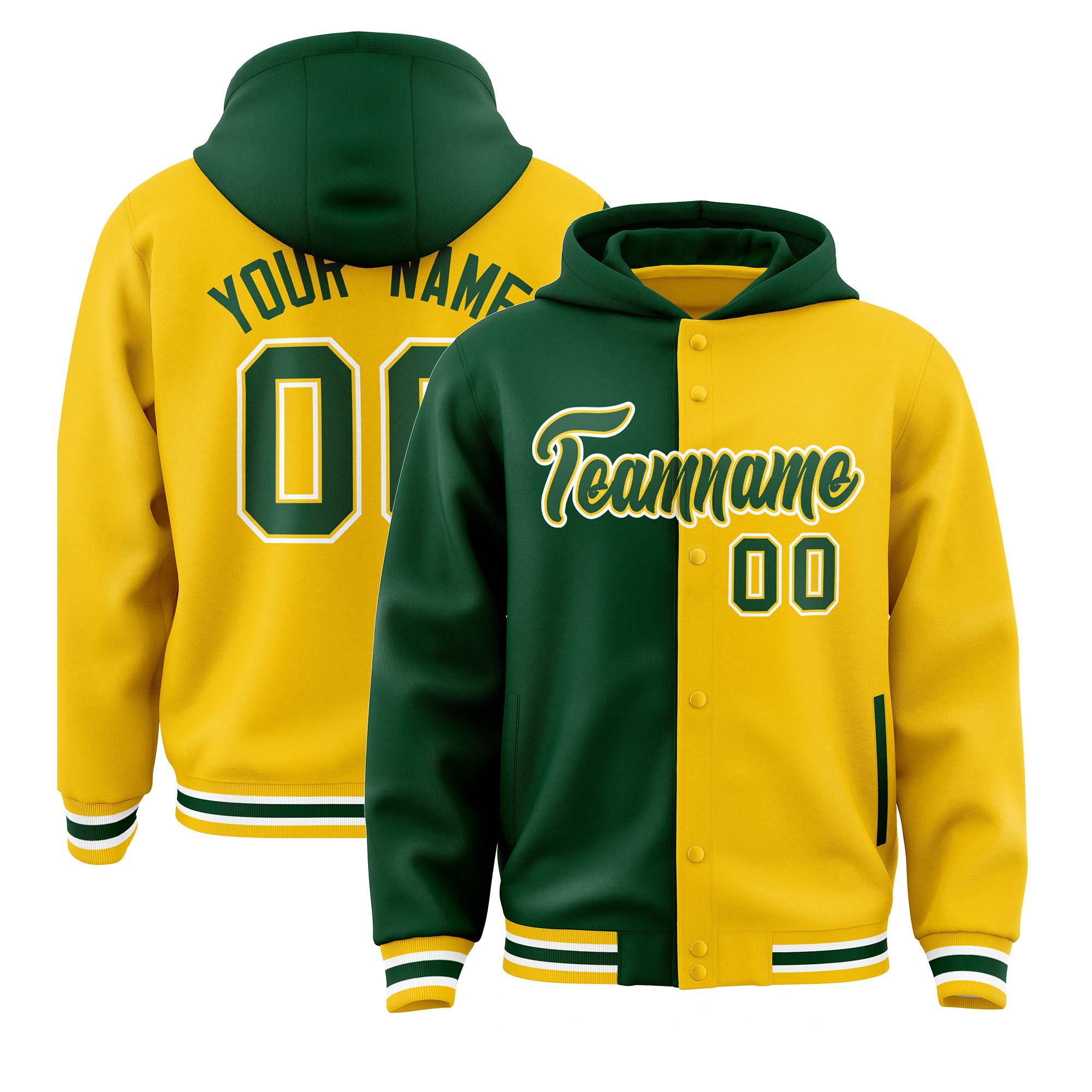 Custom Green Gold Split Fashion Varsity Full-Snap Letterman Two Tone Hoodie Jacket