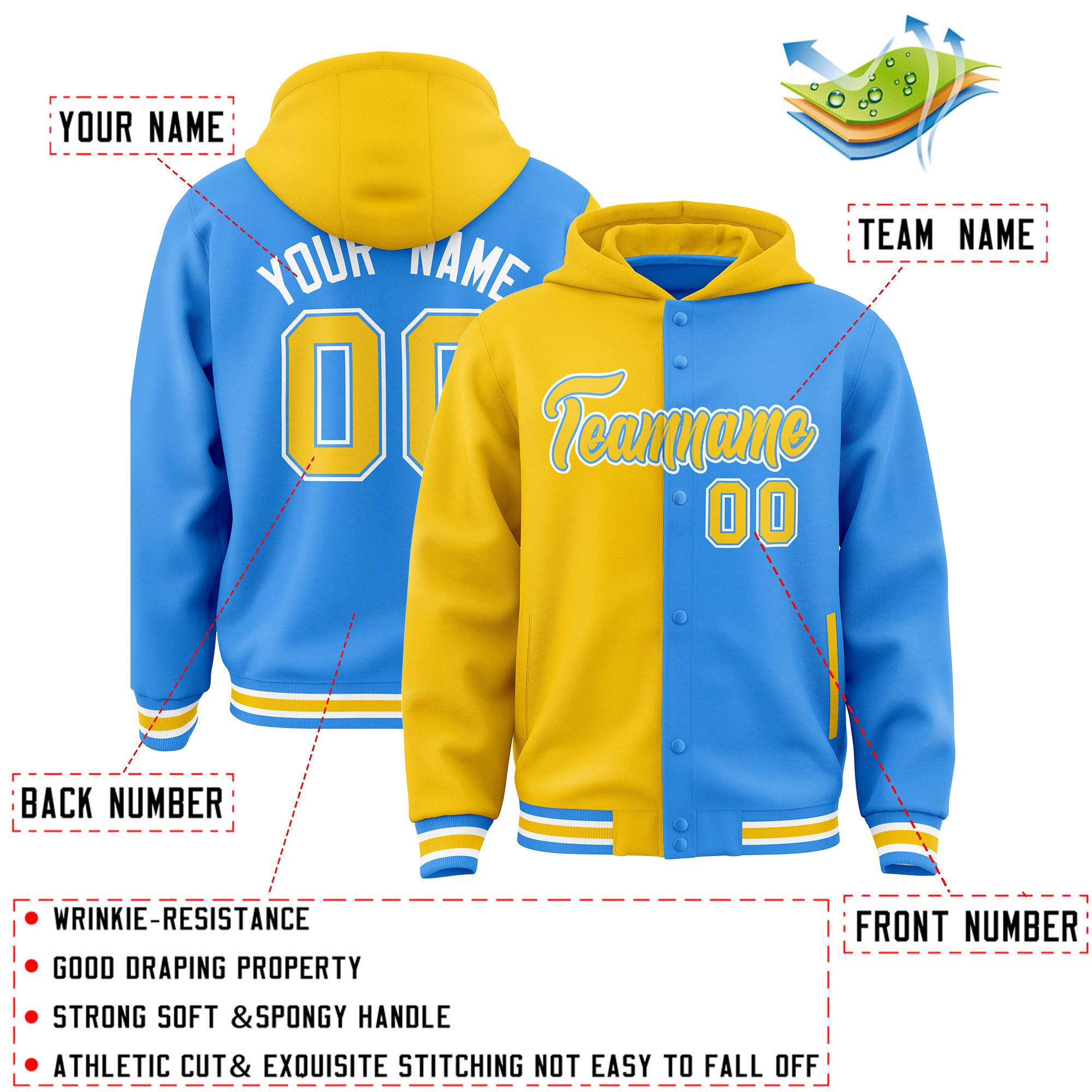 Custom Gold Powder Blue Split Fashion Varsity Full-Snap Letterman Two Tone Hoodie Jacket