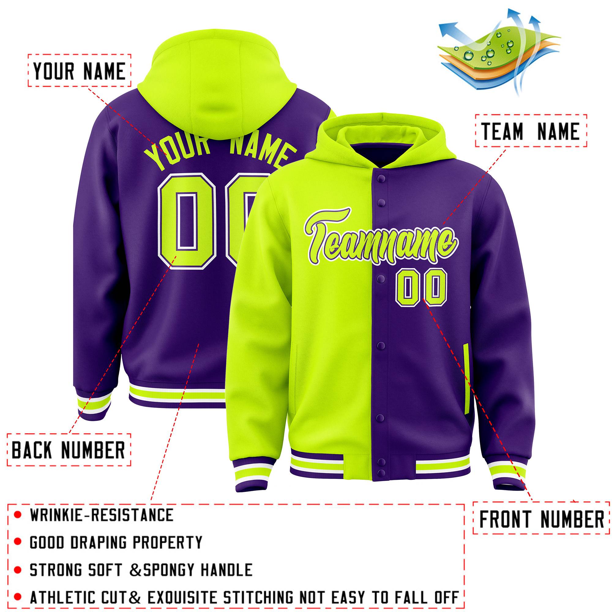 Custom Neon Green Purple Split Fashion Varsity Full-Snap Letterman Two Tone Hoodie Jacket