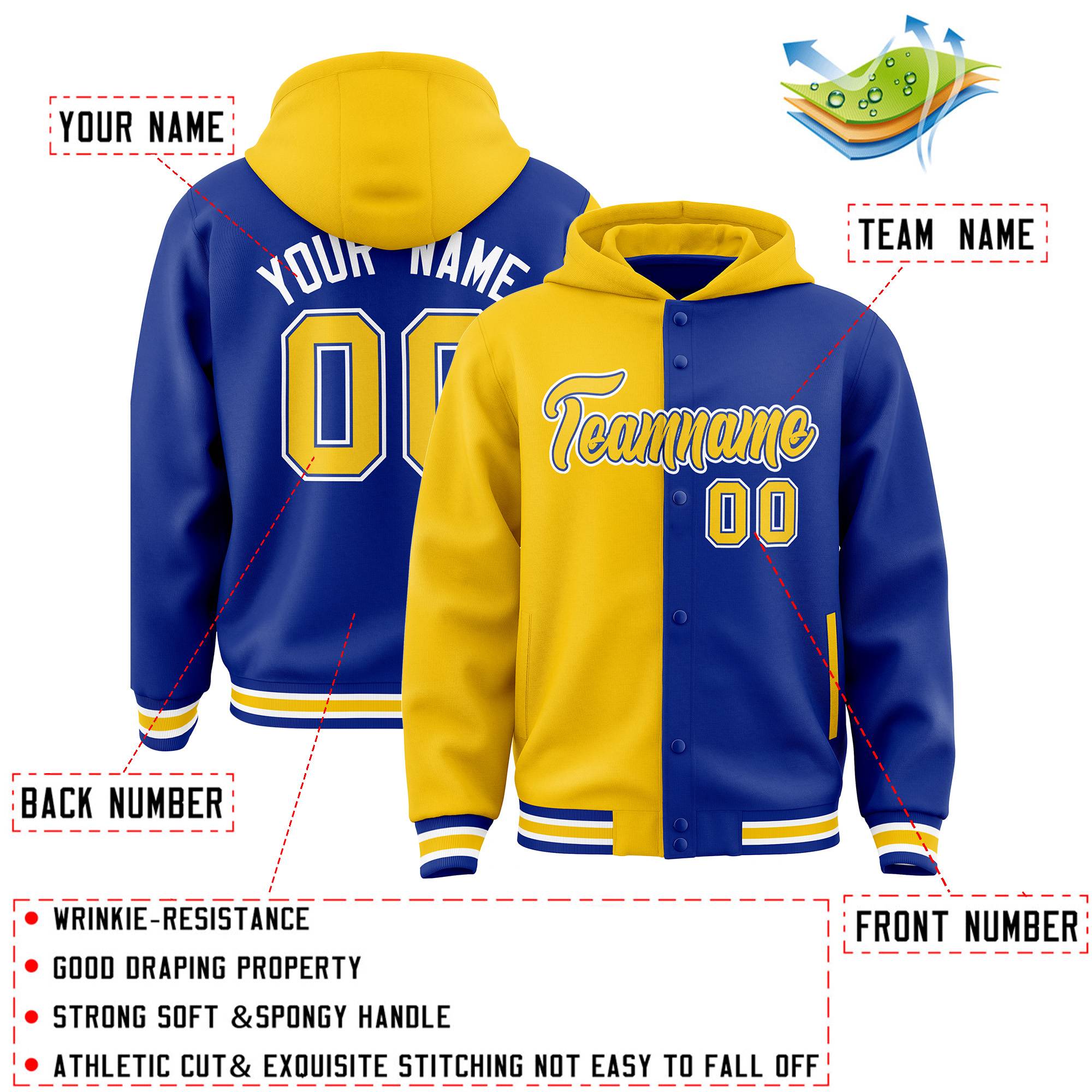 Custom Gold Royal Split Fashion Varsity Full-Snap Letterman Two Tone Hoodie Jacket