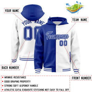 Custom Royal White Split Fashion Varsity Full-Snap Letterman Two Tone Hoodie Jacket