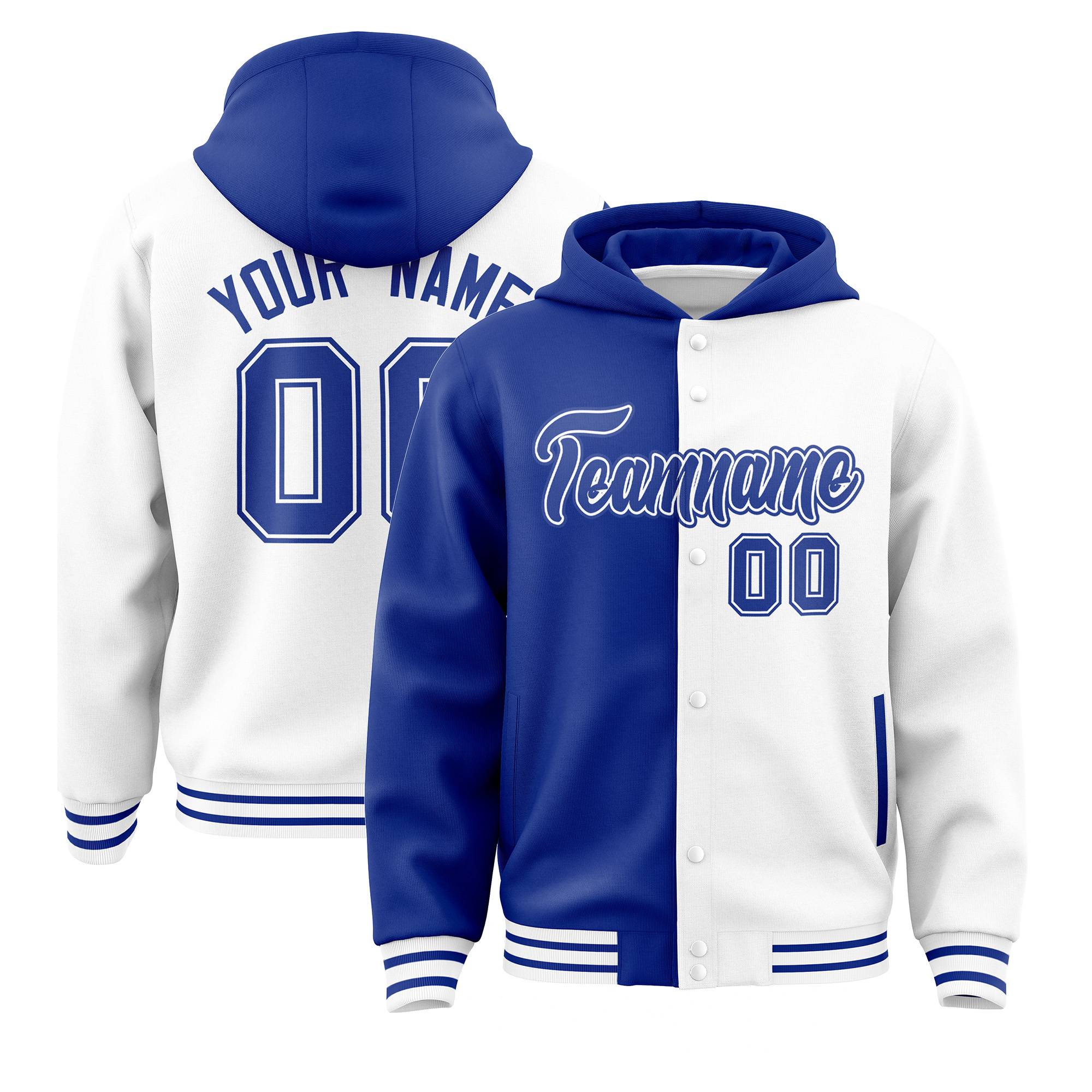 Custom Royal White Split Fashion Varsity Full-Snap Letterman Two Tone Hoodie Jacket