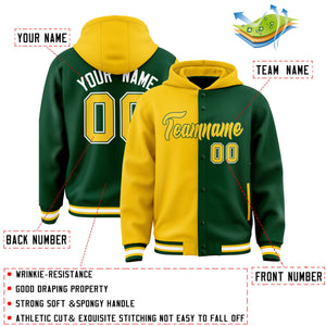 Custom Gold Green Split Fashion Varsity Full-Snap Letterman Two Tone Hoodie Jacket