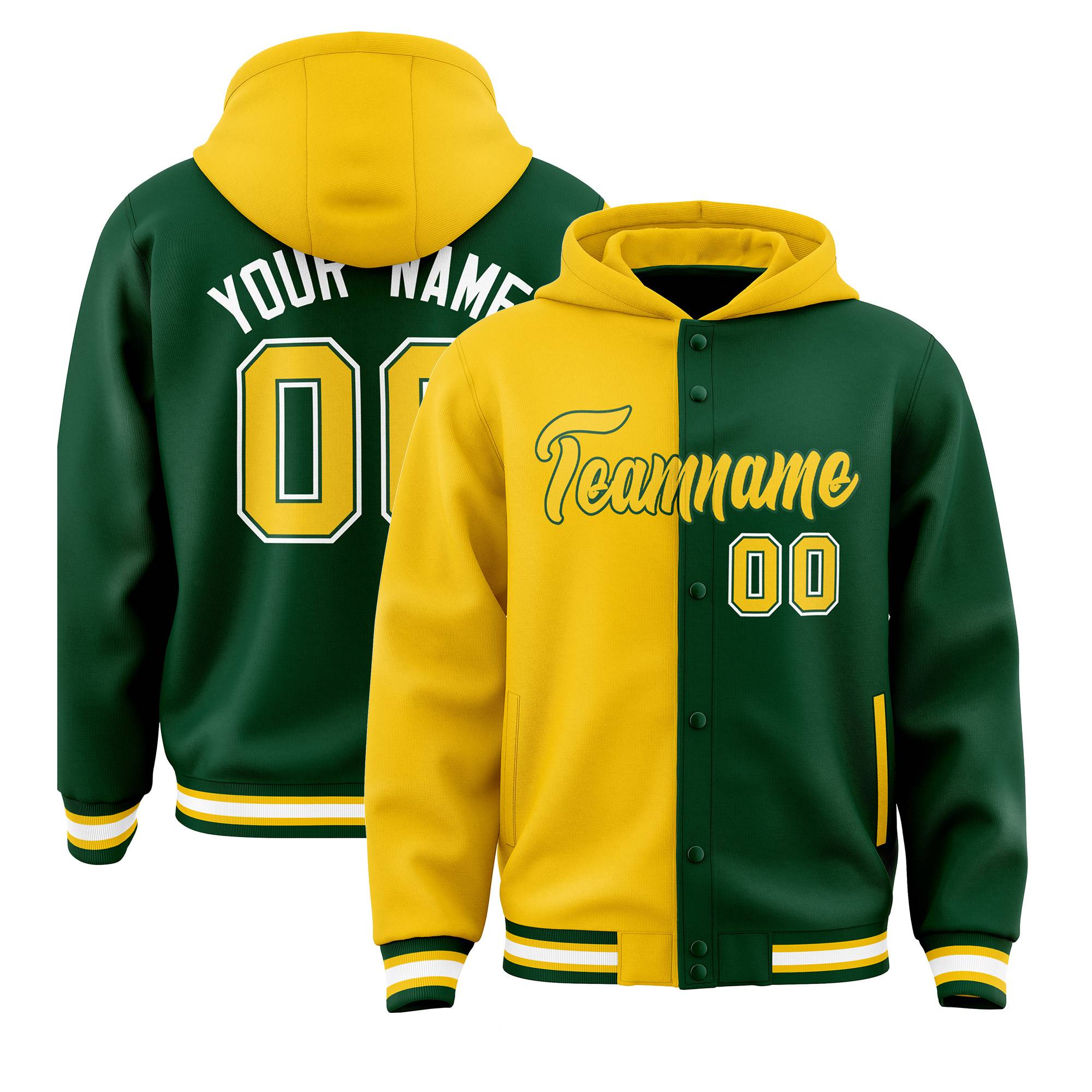 Custom Gold Green Split Fashion Varsity Full-Snap Letterman Two Tone Hoodie Jacket