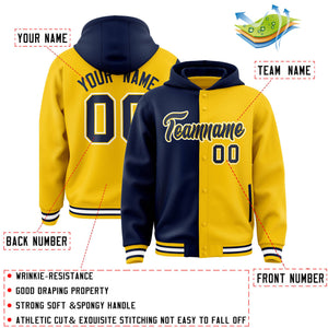 Custom Navy Gold Split Fashion Varsity Full-Snap Letterman Two Tone Hoodie Jacket