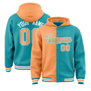 Custom Orange Aqua Split Fashion Varsity Full-Snap Letterman Two Tone Hoodie Jacket