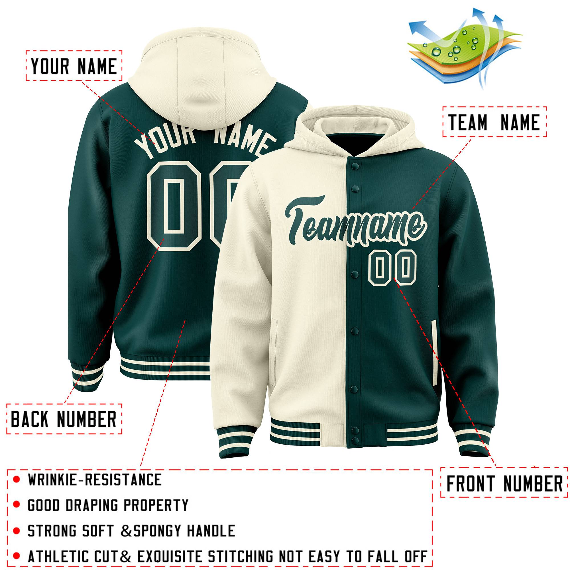 Custom Cream Midnight Green Split Fashion Varsity Full-Snap Letterman Two Tone Jacket Hoodie