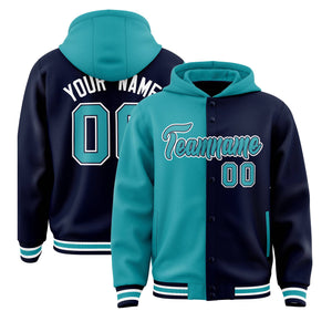 Custom Aqua Navy Split Fashion Varsity Full-Snap Letterman Two Tone Hoodie Jacket