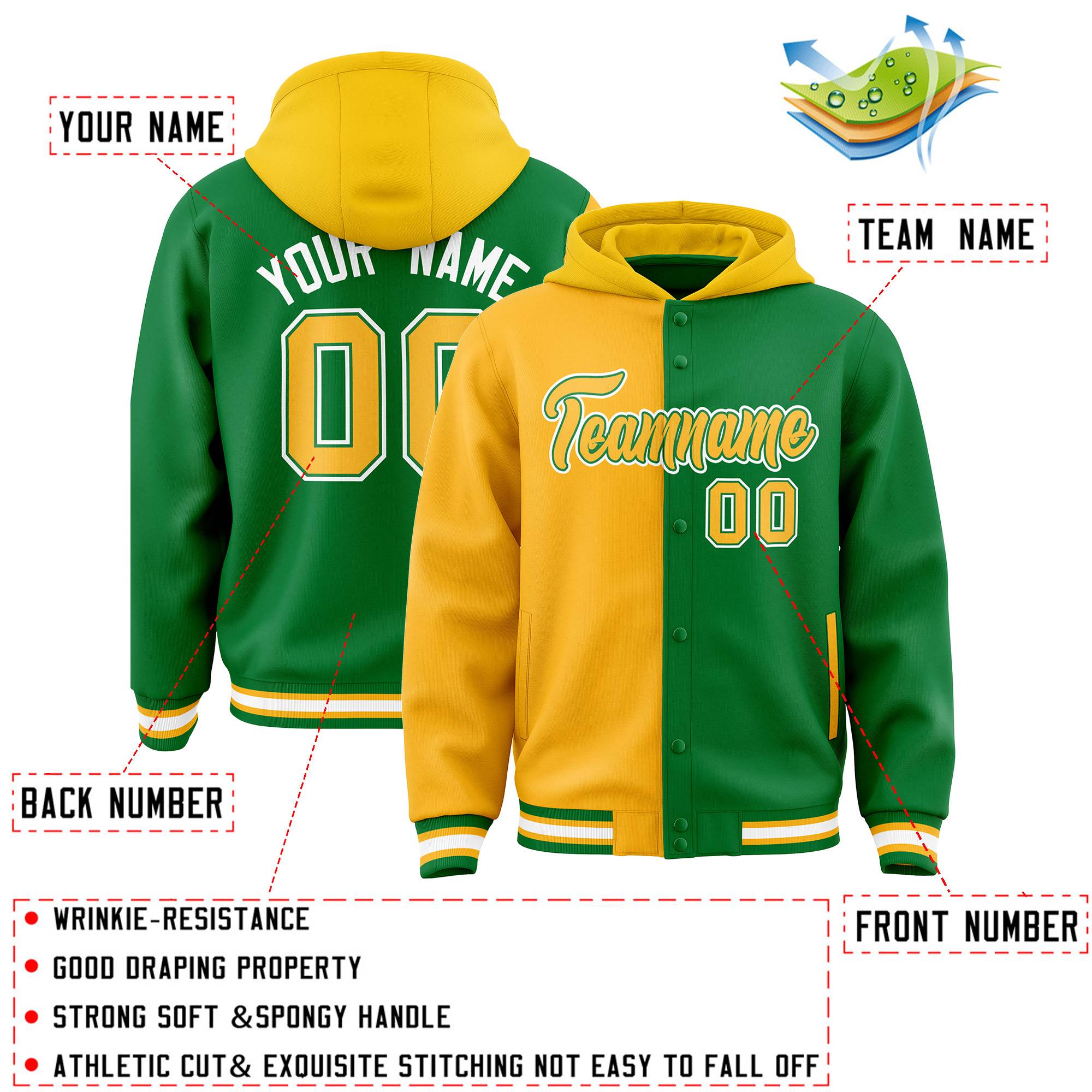 Custom Gold Kelly Green Split Fashion Varsity Full-Snap Letterman Two Tone Hoodie Jacket