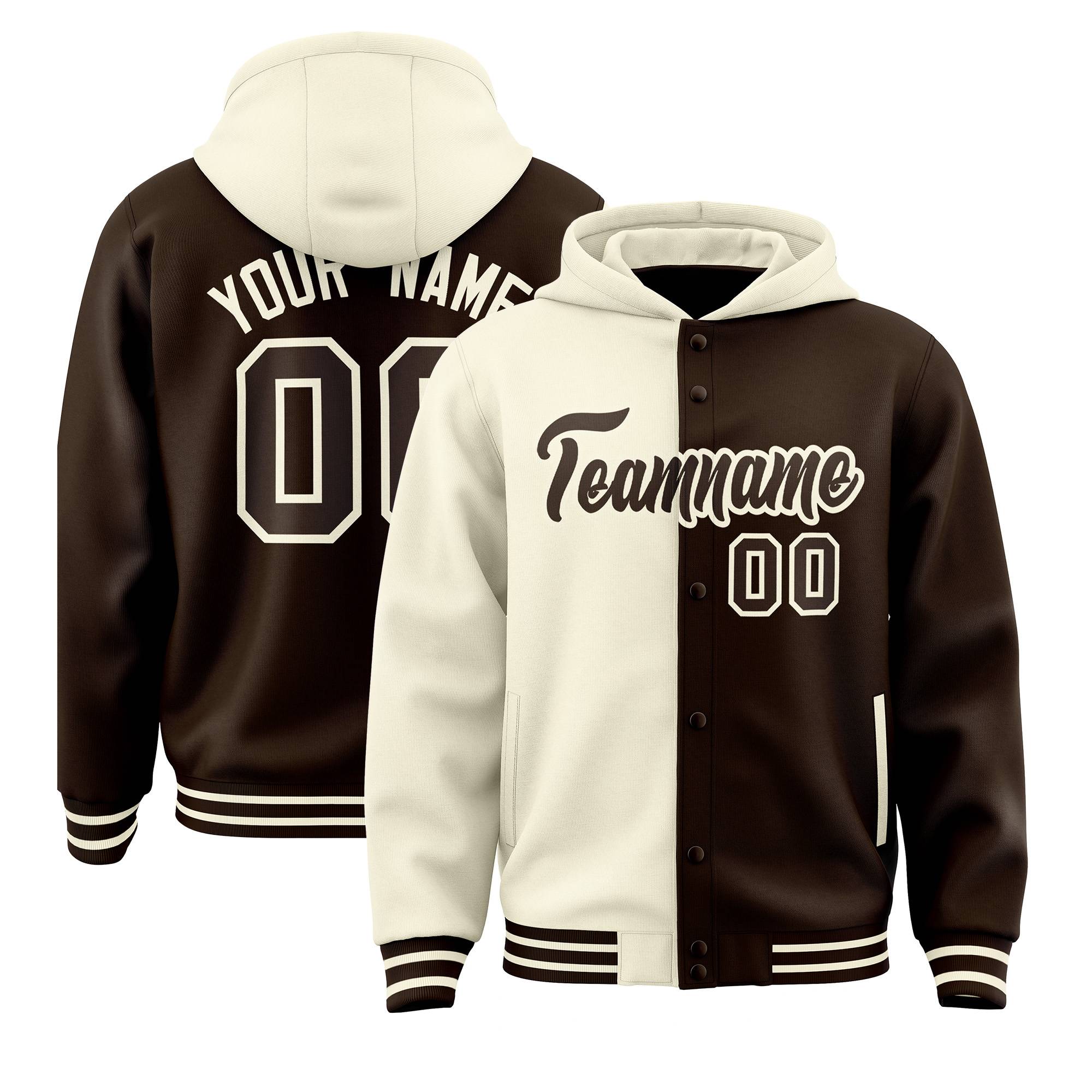 Custom Cream Brown Split Fashion Varsity Full-Snap Letterman Two Tone Hoodie Jacket