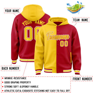 Custom Gold Red Split Fashion Varsity Full-Snap Letterman Two Tone Hoodie Jacket