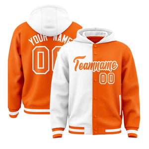 Custom White Orange Split Fashion Varsity Full-Snap Letterman Two Tone Hoodie Jacket