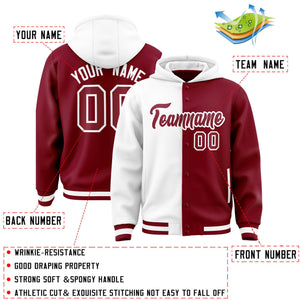 Custom White Crimson Split Fashion Varsity Full-Snap Letterman Two Tone Hoodie Jacket