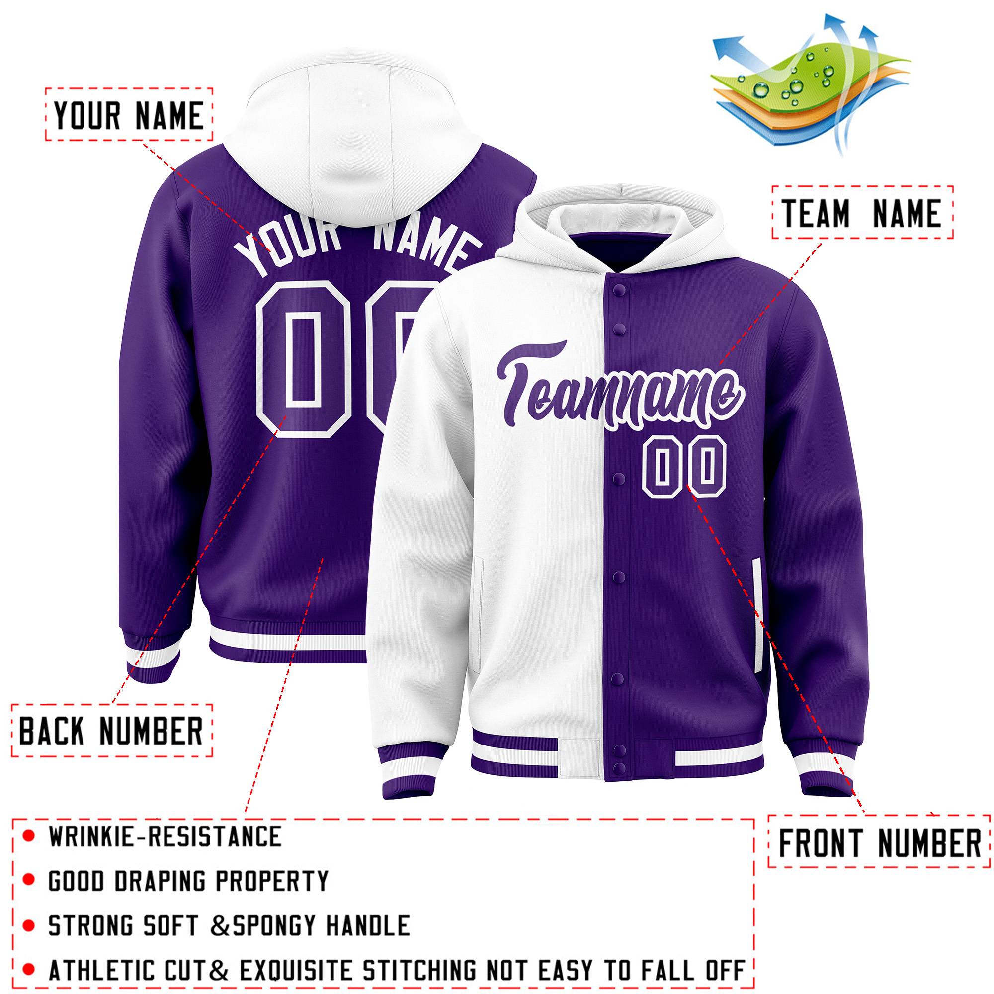 Custom White Purple Split Fashion Varsity Full-Snap Letterman Two Tone Hoodie Jacket