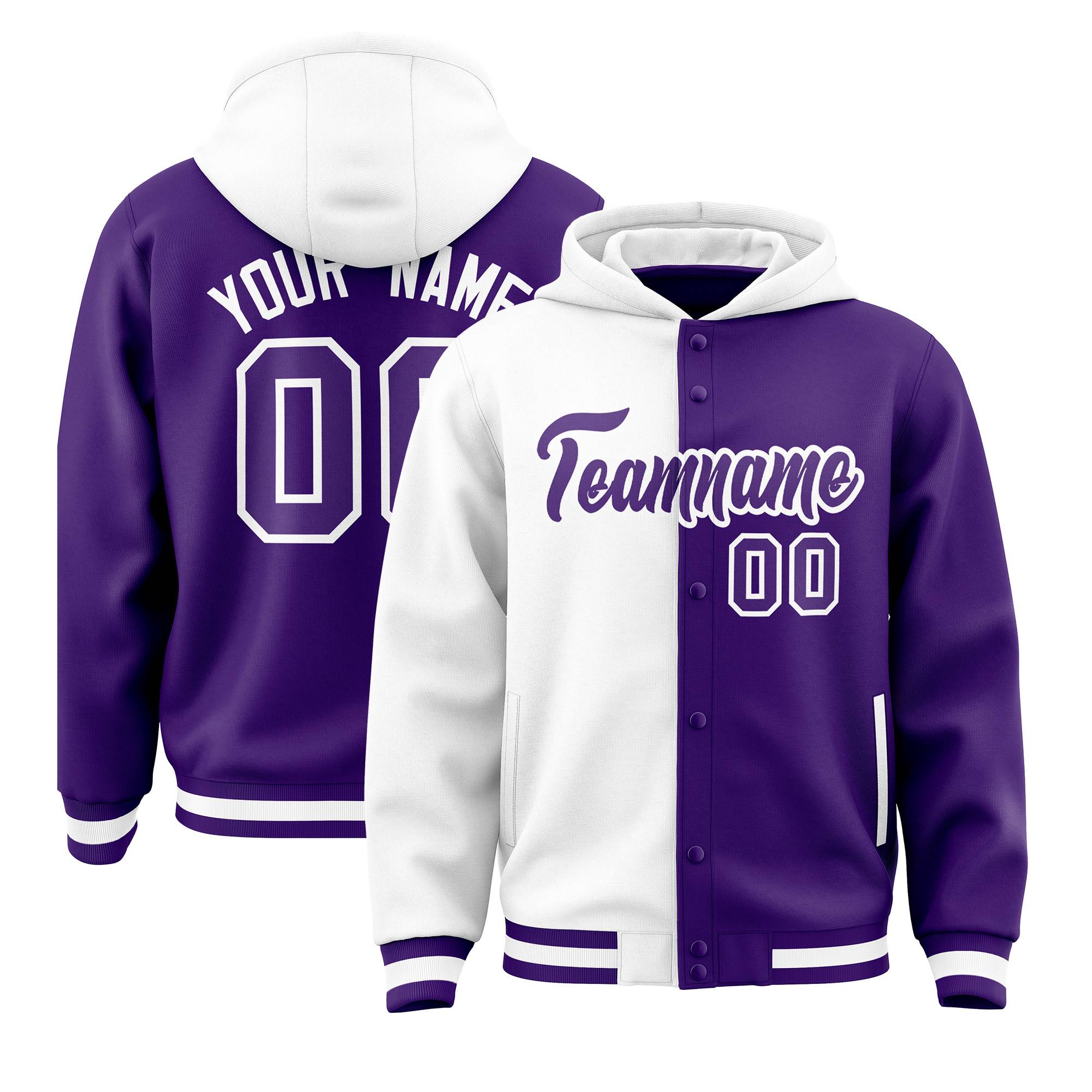 Custom White Purple Split Fashion Varsity Full-Snap Letterman Two Tone Hoodie Jacket