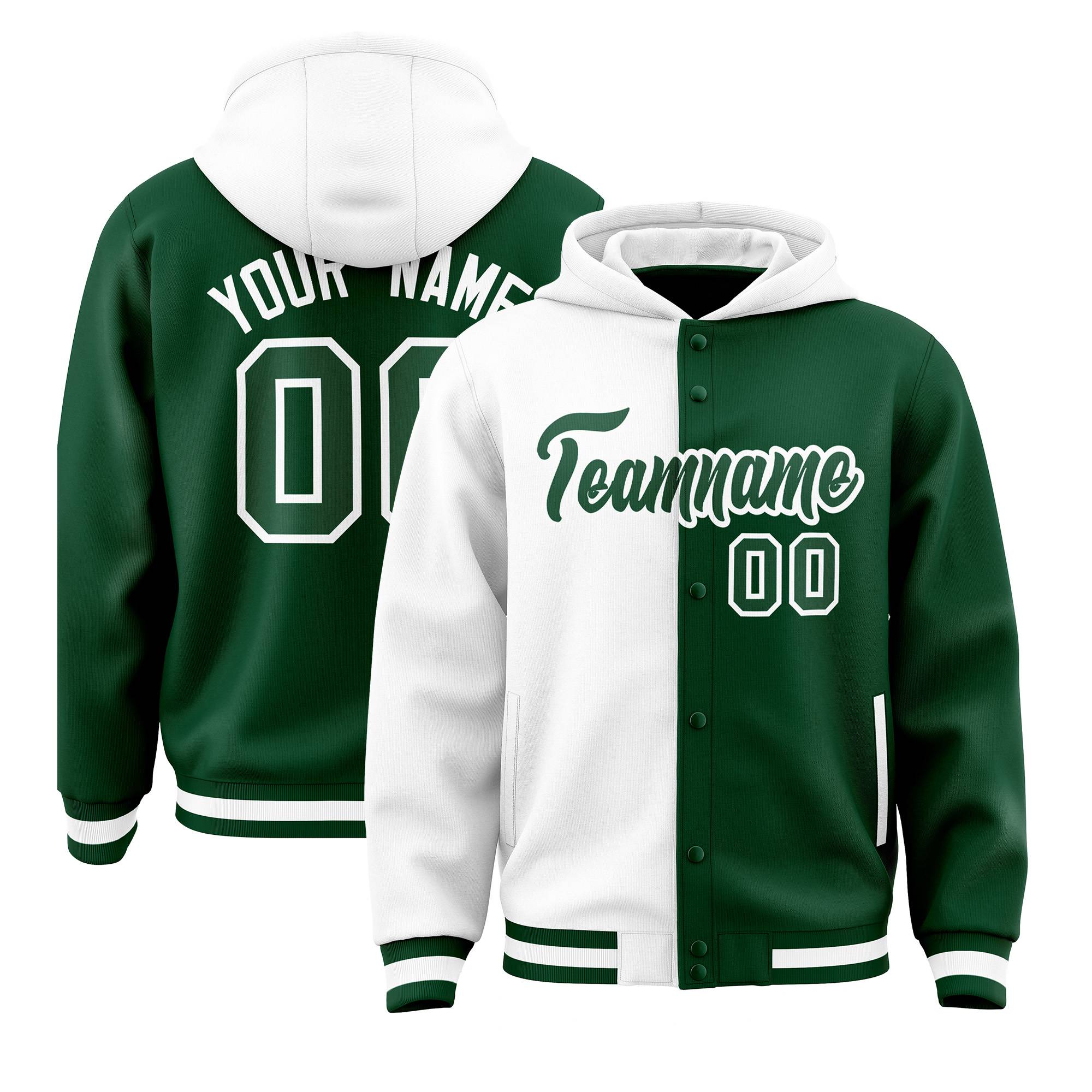 Custom White Green Split Fashion Varsity Full-Snap Letterman Two Tone Hoodie Jacket